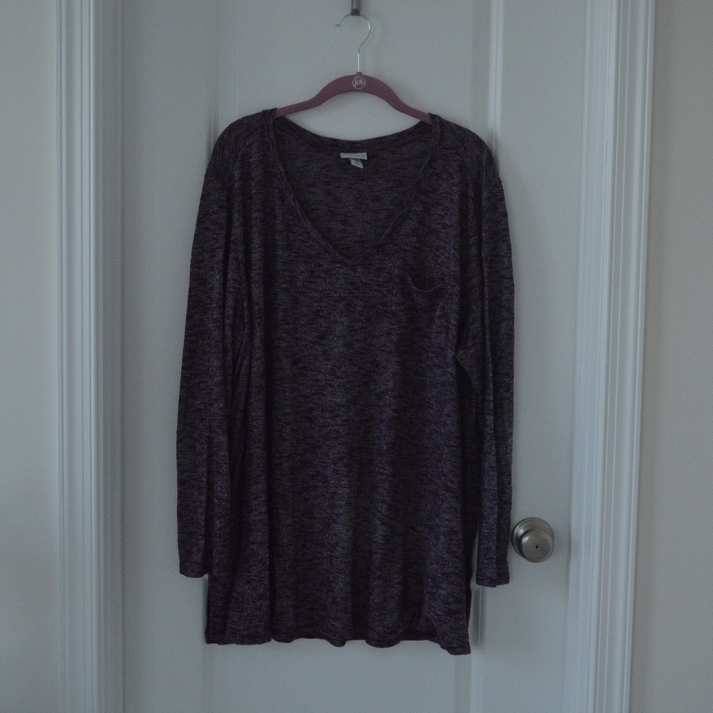 Purple Pocket Long Sleeve V Neck T Shirt